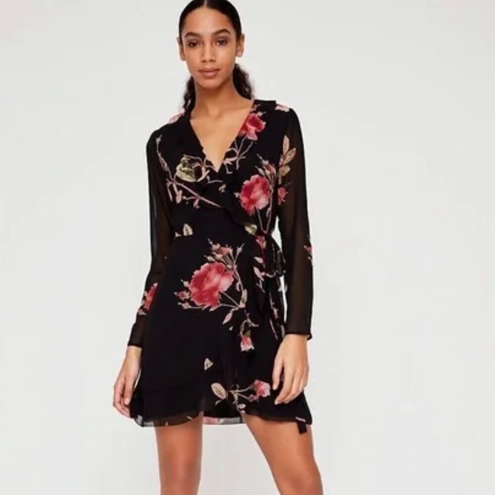 Aritzia Black Floral Wrap Long Sleeve Dress